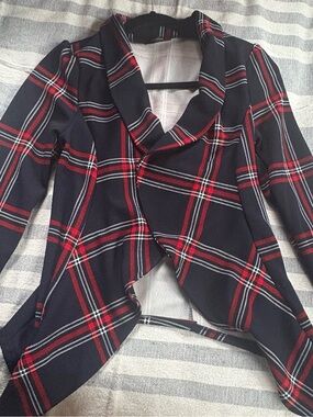 Women’s Navy & Red Plaid Draped Jacket
